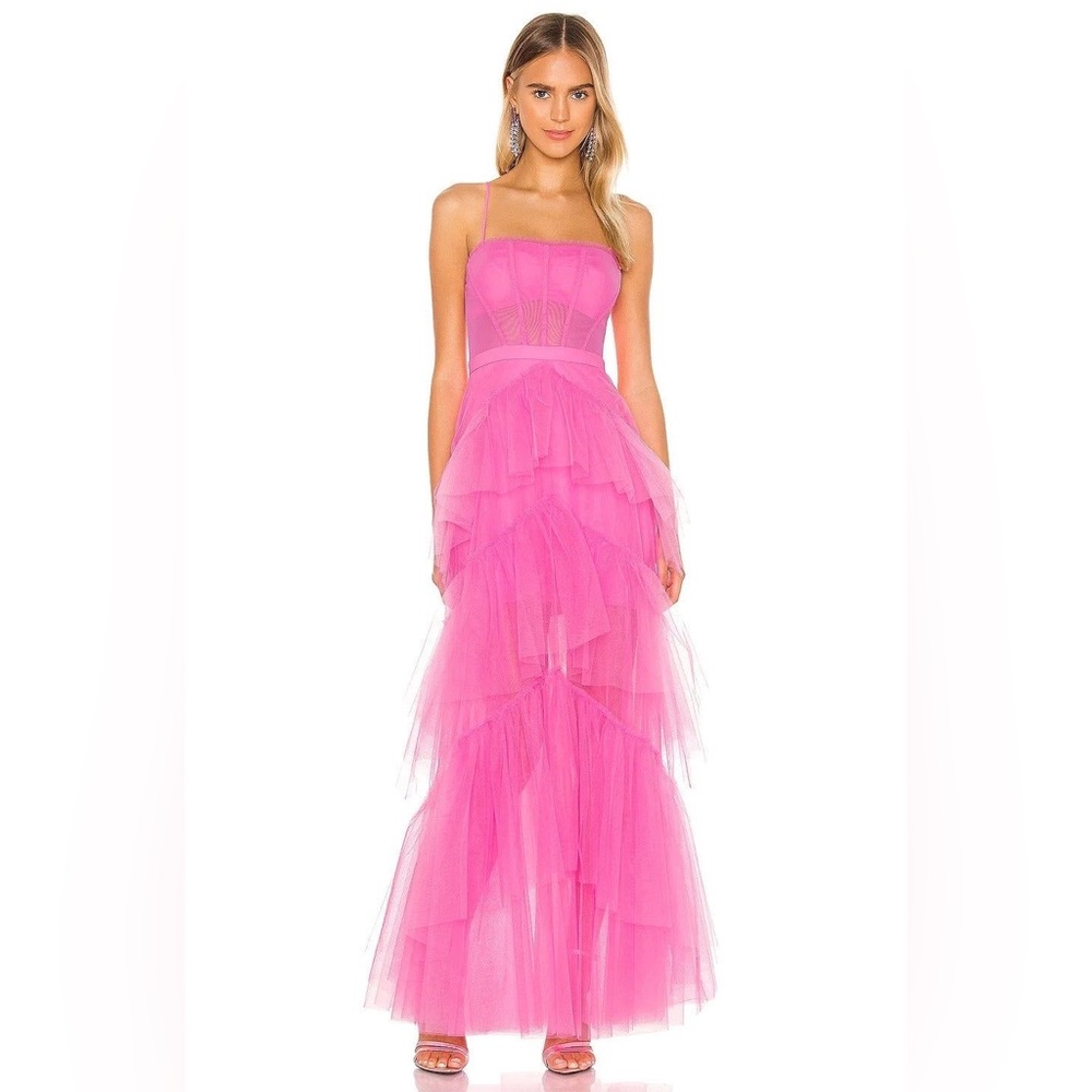 Beautiful long tiered hot pink formal dress. So adorable